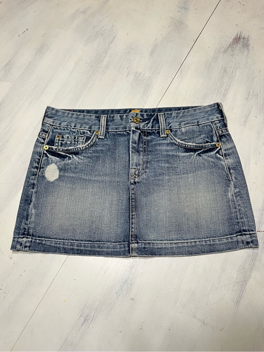 7 For All Mankind A Pocket Distressed Denim Mini Skirt Sz 29 100% Cotton USA